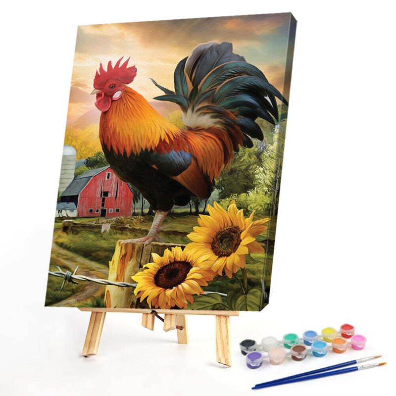 DIY Paint By Number Kit Frameless Rooster Sunflower Handpainted Canvas for