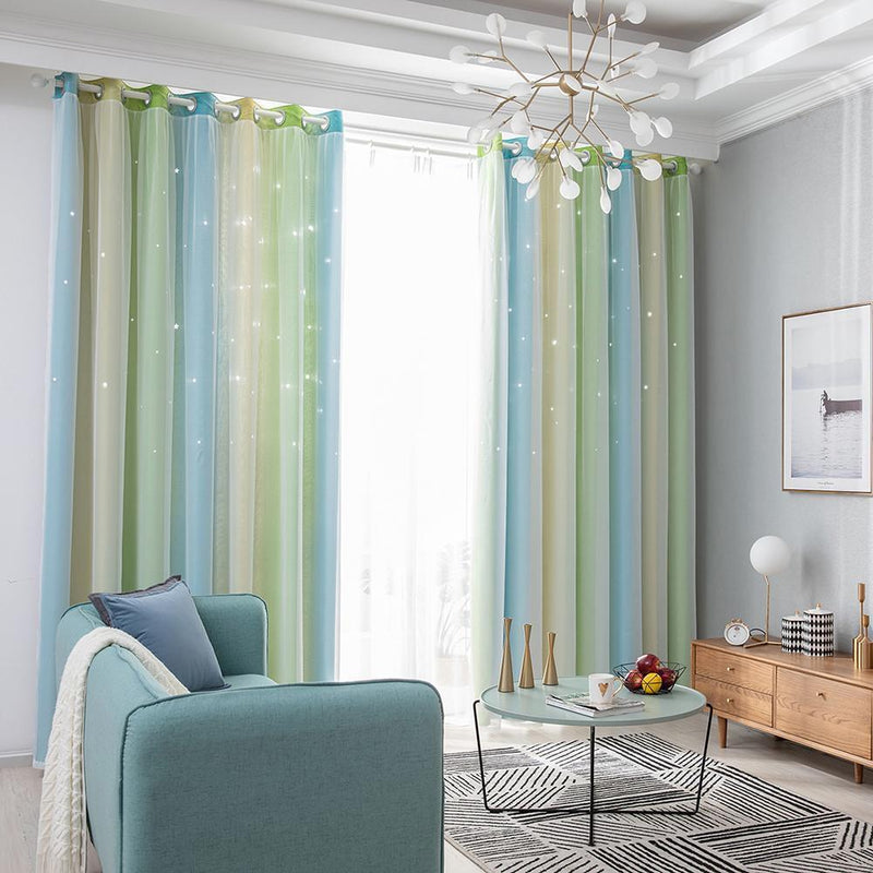 Gradient Hollow Star Curtain Bedroom Full Blackout Window Drapes (Green)