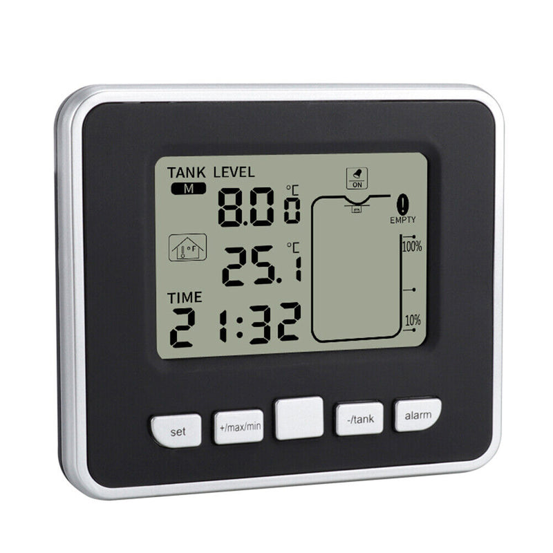 Ultrasonic Tank Liquid Depth Level Meter w/Temperature Alarm Water Level Gauge