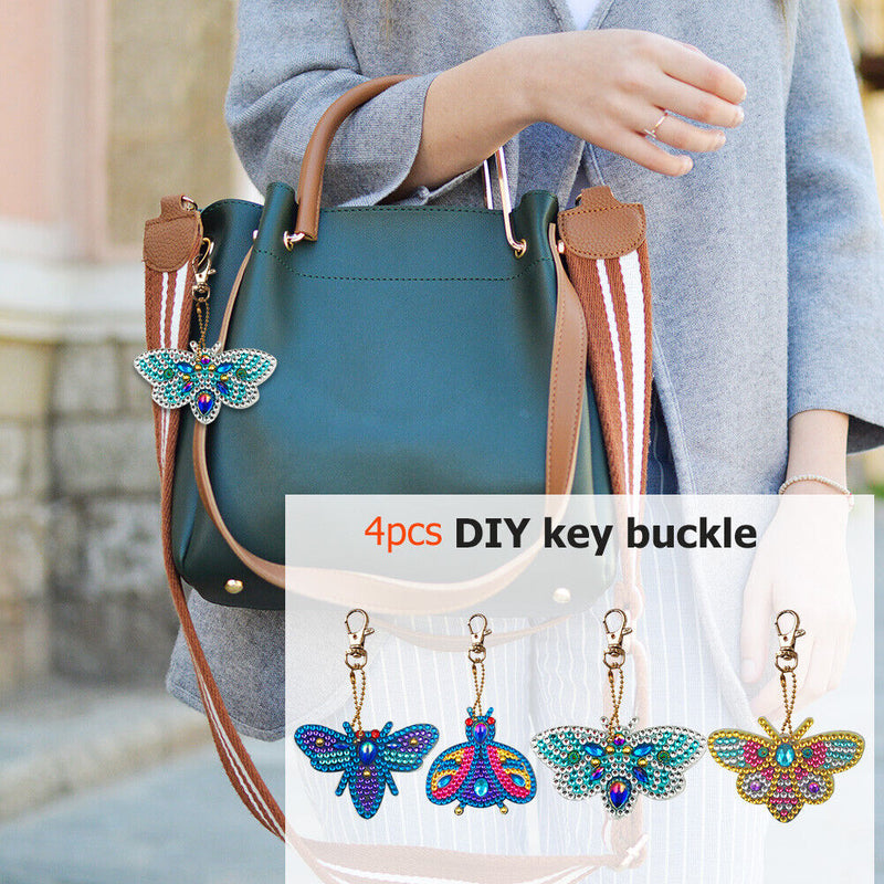 4pcs DIY Full Drill Diamond Key Chain Bee Pendant Cross Stitch Keyrings Newly