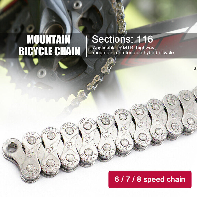 6 7 8 Speed Carbon Steel Bike Chain 1/2 x 2/32 Inch 116 Links for MTB Road Bike