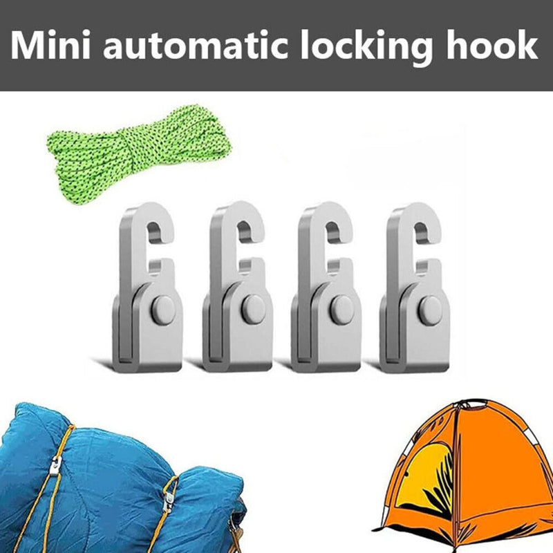 4pcs Automatic Lock Hooks No Knot Tent Self-locking Hooks with 1pc 5m Rope Newly