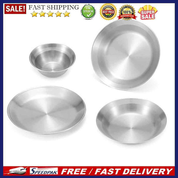 4pcs/Set Outdoor Stainless Steel Dinner Plate Large Capacity Camping Suppli