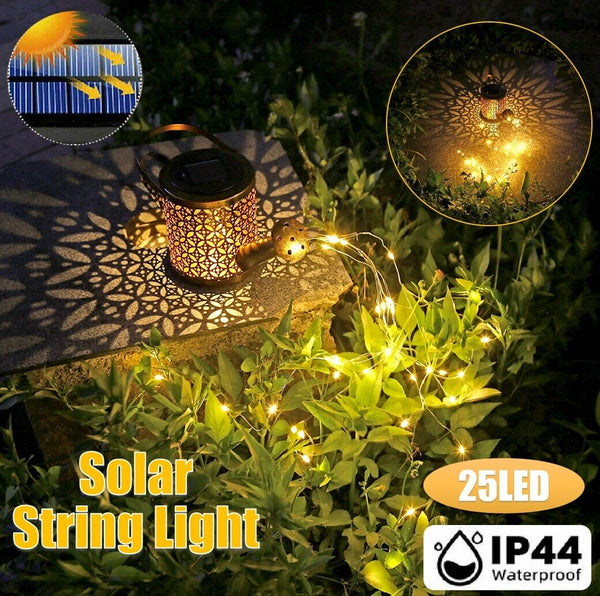 Solar Powered LED Watering Can String Light Outdoor Garden Art Metal Lamp Decor