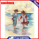 Full Embroidery 14CT Cross Stitch Seaside Boy and Girl Needlework Kit for DIY