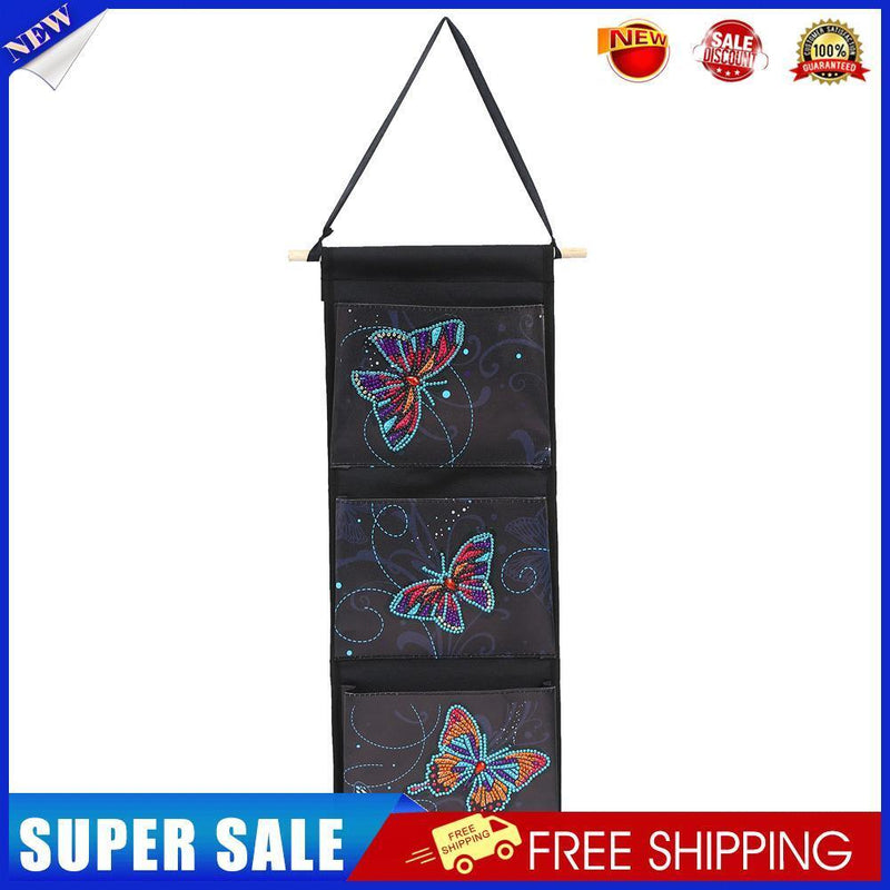Butterfly Diamond Painting Wall Hanging Storage Bag 3 Pockets Black (AA991)