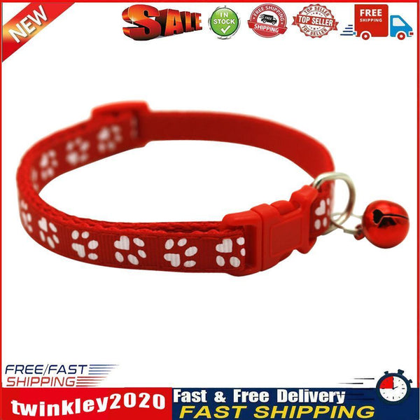 Pet Cat Dog Collar with Bell Footprint Buckle Adjustable Neck Strap (Red) Newly