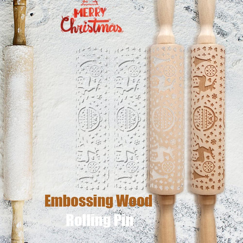 Wooden Snowflake Elk Embossed Rolling Pins Embossing Baking Cookies Biscuit