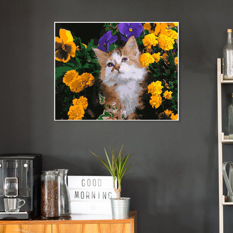 DIY Digital Painting By Numbers Cat Flower Frameless Canvas Picture Modern Art