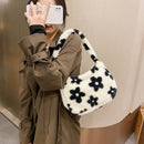 Portable Fluffy Flower Printed Satchel Autumn Women Plush Handbags Underarm Bag