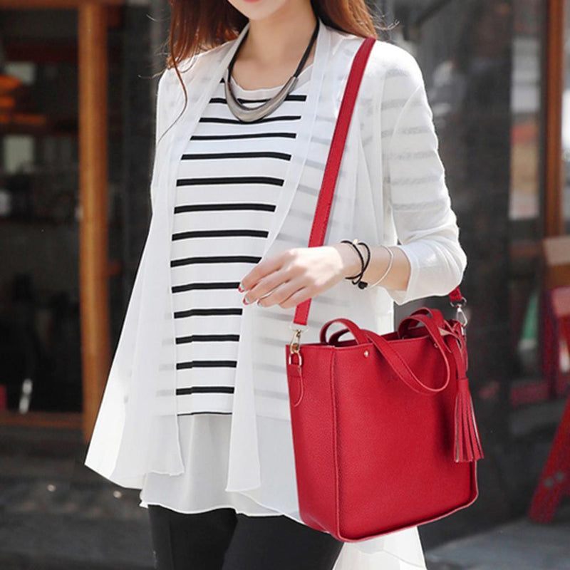 4pcs/Set Lichi Leather Tassels Women Tote Shoulder Clutch Card Bags (Red)