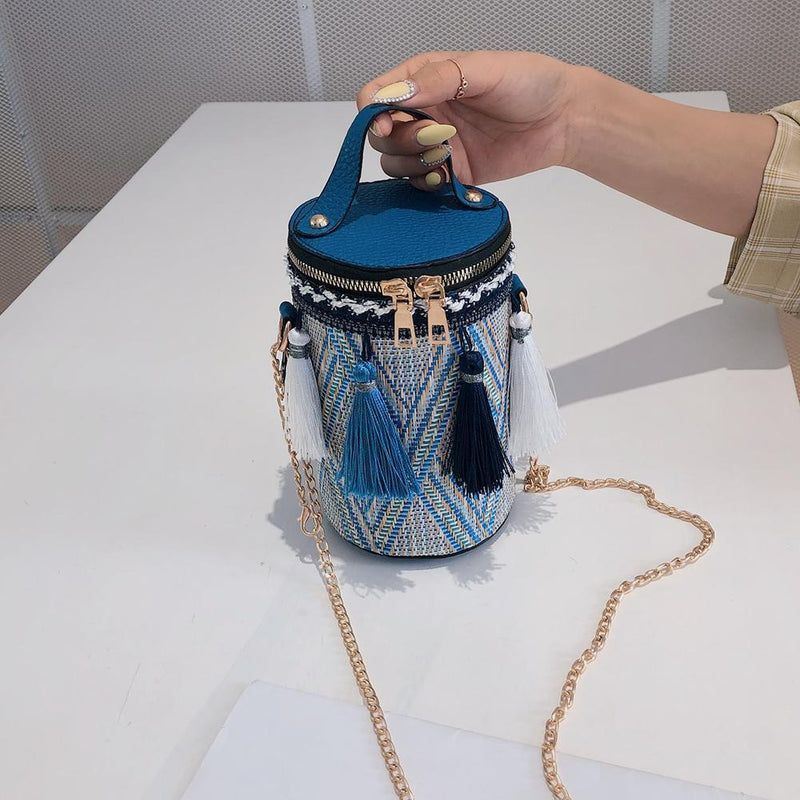 Tassel Shoulder Handbags Leather Weaving Ethnic Women Small Crossbody Bucket Bag