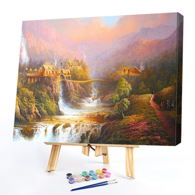 Frameless Oil Paint By Numbers Mountain Castle DIY Canvas Picture Craft Kit