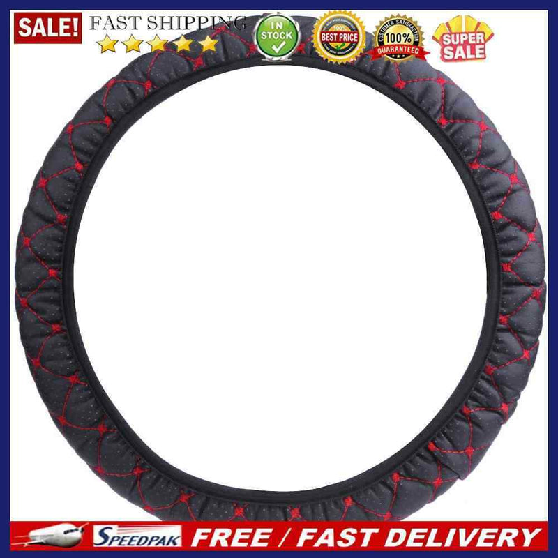 Elastic Black/Red Embroidered Cover for 38cm Diameter Car Steering Wheel