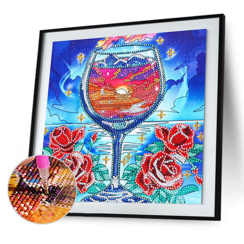5D Wine Glass Sunset Diamond Painting Partial Special Shaped Wall Decor