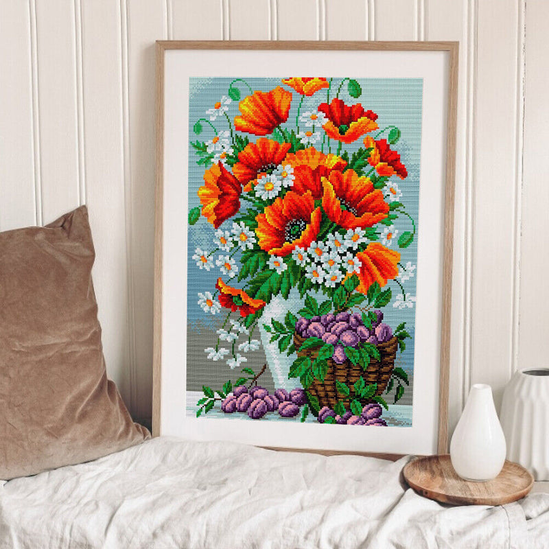 Full Cross Stitch 11CT Cotton Thread DIY Red Flower Printed Embroidery Kits
