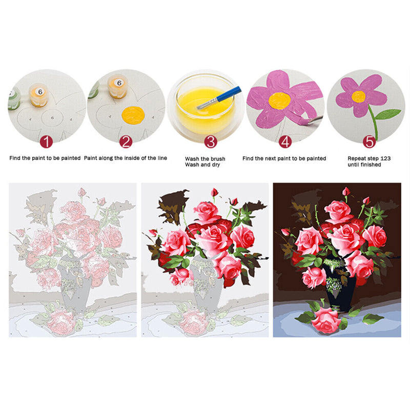 Oil Paint By Numbers Picture DIY Painting Colorful Flower Drawing on Canvas