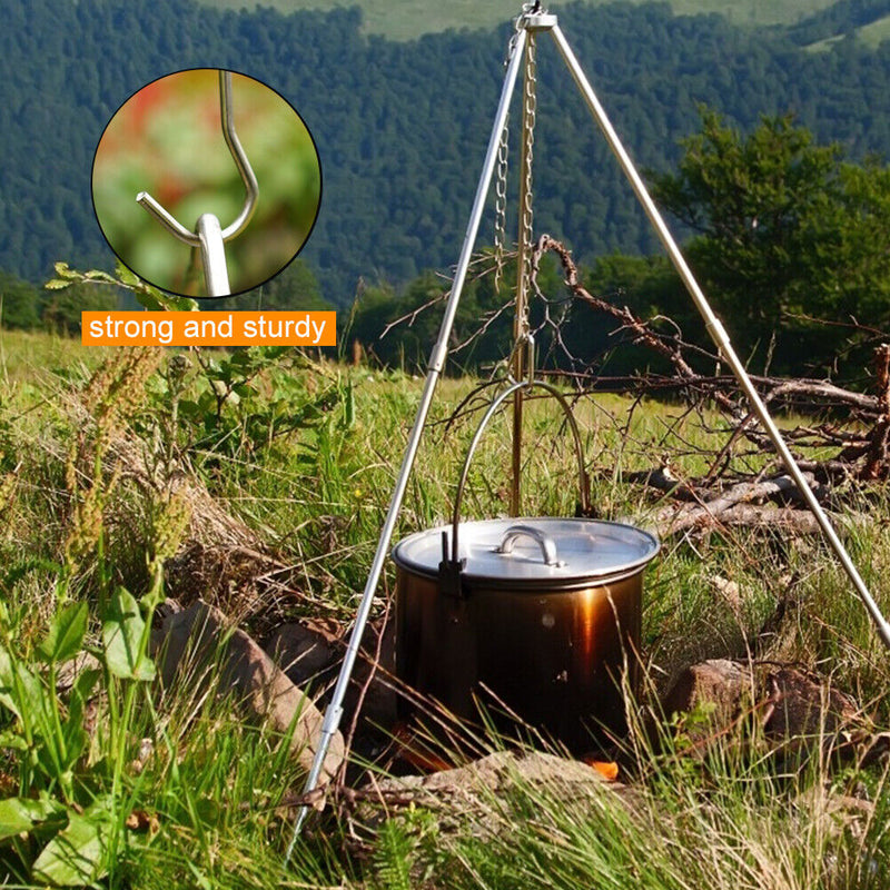 Picnic Tripod Ring Hook Fire Cooking Outdoor Camping Stainless Steel Cookware