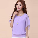 Summer Round Collar Short Bat Sleeve Blouse Solid Color Ruffle Women Tops