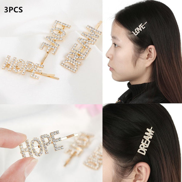 DREAM  Beauty Hair Clips Rhinestone Headwear Letter Barrettes Crystal Hairpins