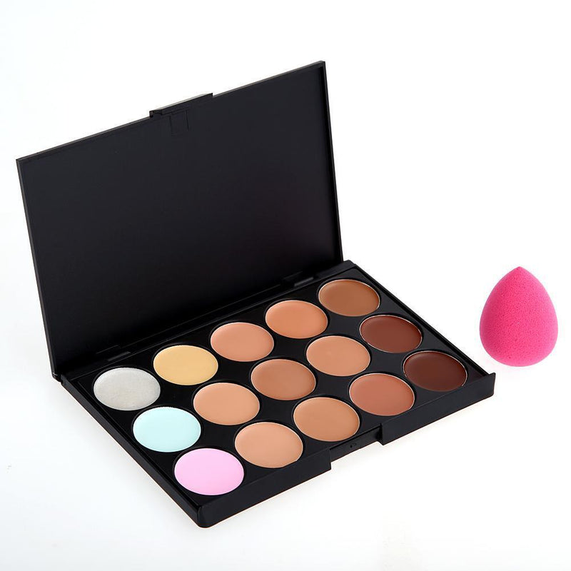 Pro 15 Colors Makeup Concealer Palette + 8PC Powder Brush + Powder Sponge Puff