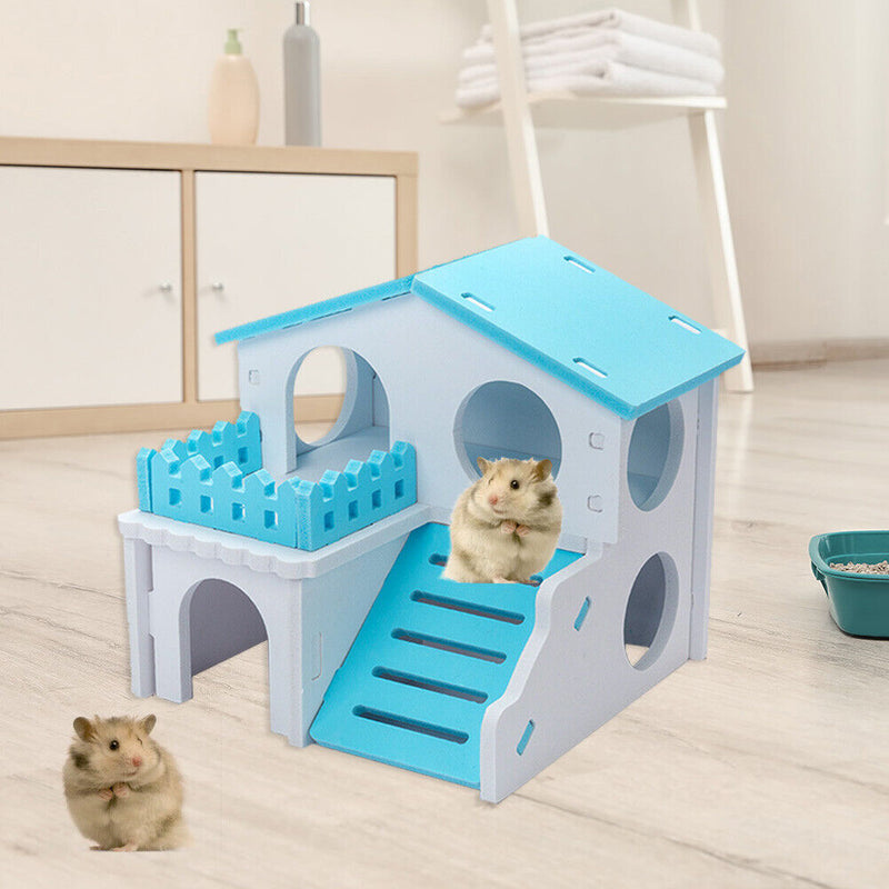 Pet Hamster House with Ladder Nest Log Cabin Animal Sleeping Toys (Blue) Newly
