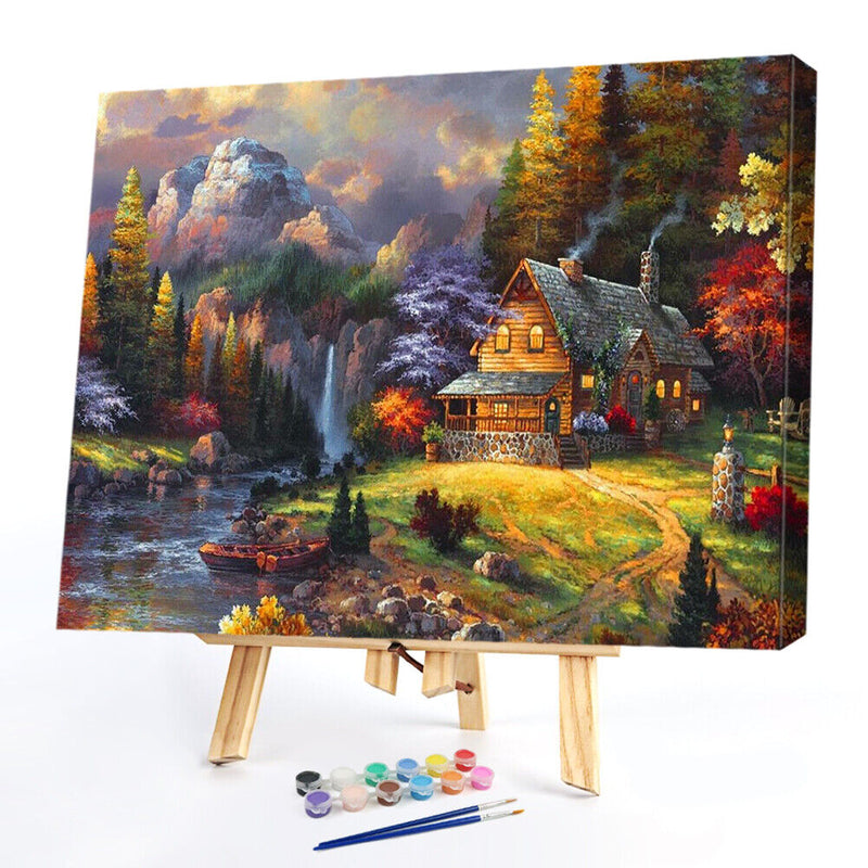 Paint By Numbers for Beginner Lodge Between Mountains and Forests Painting