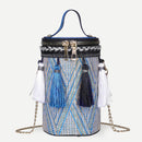 Tassel Shoulder Handbags Leather Weaving Ethnic Women Small Crossbody Bucket Bag