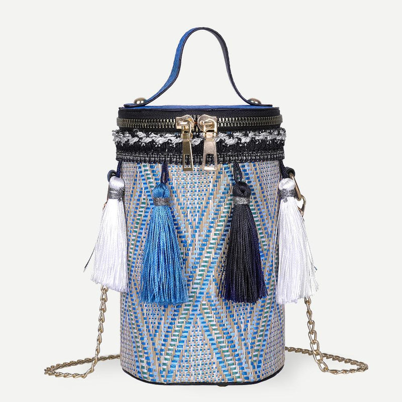 Tassel Shoulder Handbags Leather Weaving Ethnic Women Small Crossbody Bucket Bag