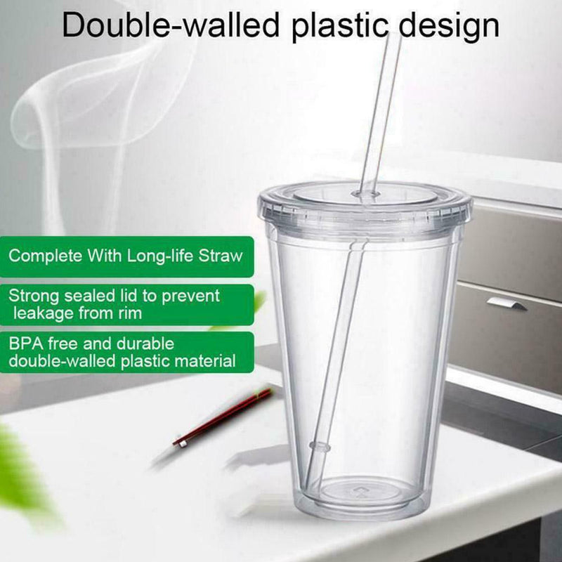 16OZ Double-Walled Cups Plastic Clear with Lid and Insulated 480ml Straw S0R4