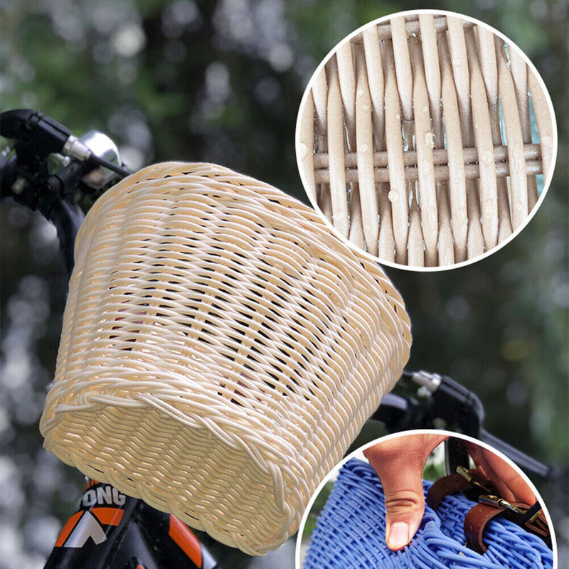 Kids Bike Basket Women Students Bicycle Rattan Weaving Front Basket (Beige)