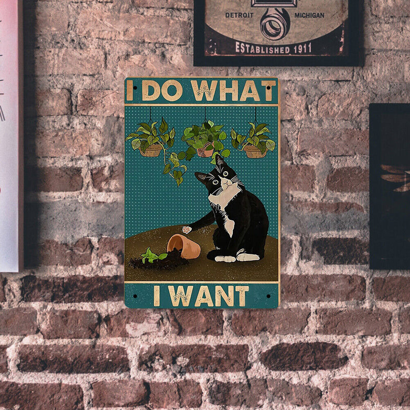 Retro Iron Painting Black Cat Overturning Flowerpot Wall Art Poster (20x30cm)