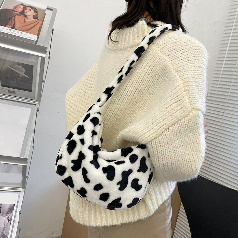 Casual Cow Printed Handbag Women Shoulder Crossbody Bag Plush Dumpling Tote