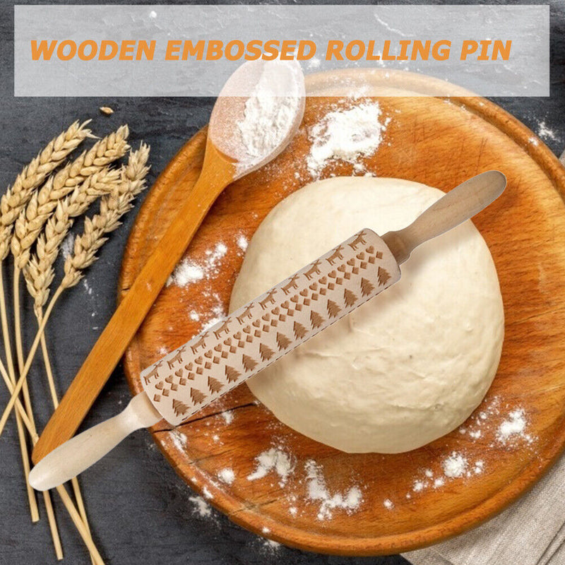 Christmas Elk Embossed Baking Cookies Noodle Roller Wooden Patterned Rolling Pin