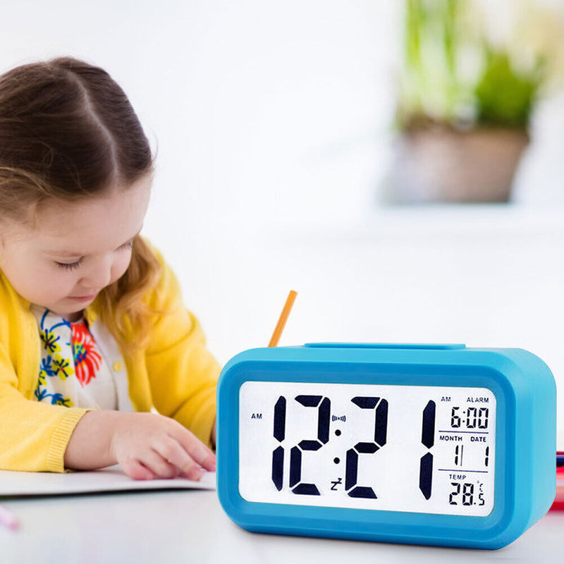 Temperature Alarm Clock LED Digital Backlight Calendar Snooze Clock (Blue)