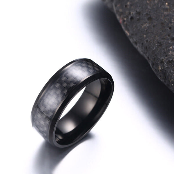 Engagement Stainless Steel Punk Wedding Band Carbon Fiber Ring Men Ring Black