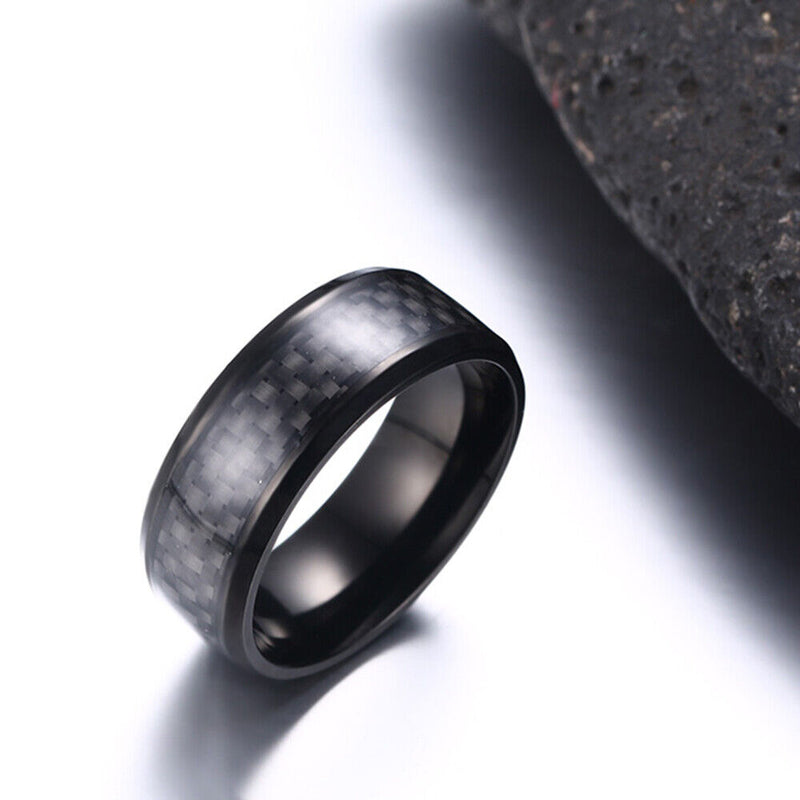 Engagement Stainless Steel Punk Wedding Band Carbon Fiber Ring Men Ring Black