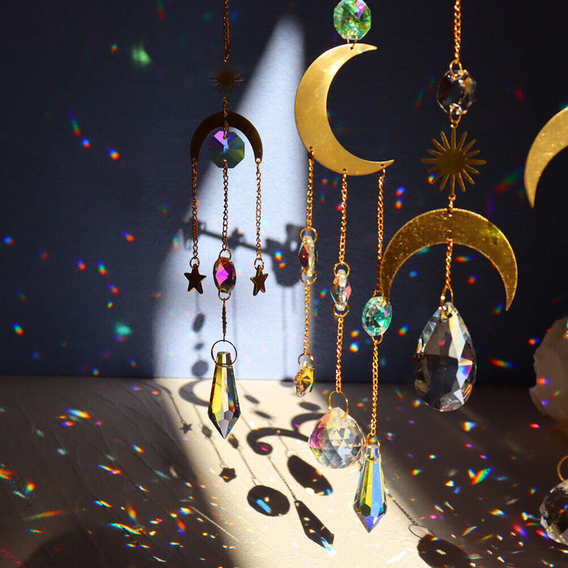 4pcs Hanging Crystal Light Catcher Metal Moon Sun Garden Wall Wind Chime Newly