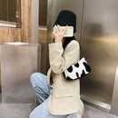 Women Plush Shoulder Underarm Bag Cow Print Fashion Winter Handbag Tote (2)
