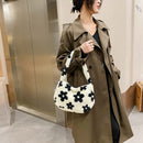 Portable Fluffy Flower Printed Satchel Autumn Women Plush Handbags Underarm Bag