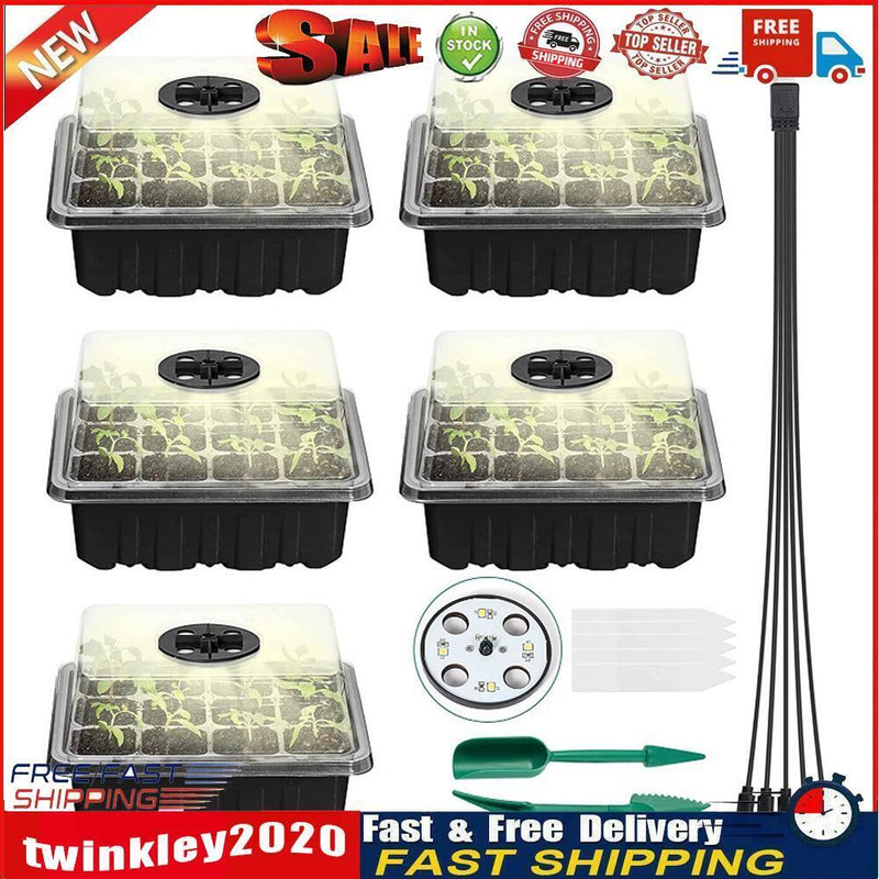 5pcs Seed Starter Trays with Grow Light Garden Plant Seedling Box (Black) Newly