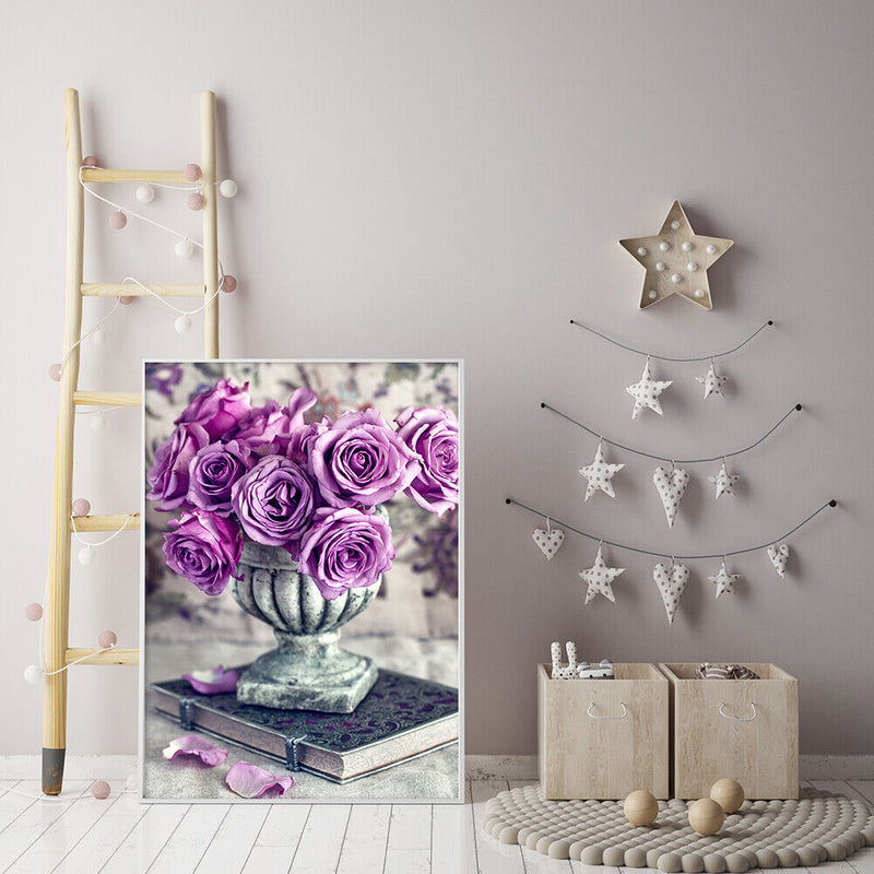 Full Drawing Diamond Drill Painting Round DIY Purple Rose 5D Home Decoration Kit