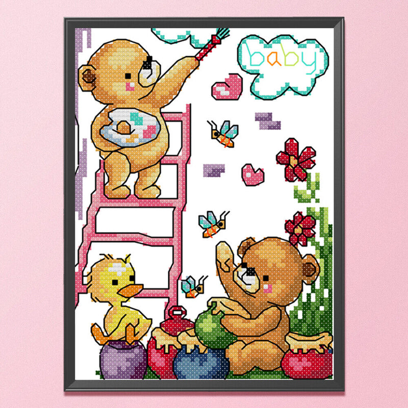 14CT Partial Stamped Embroidery Happy Painting Canvas Chinese Cross Stitch Set