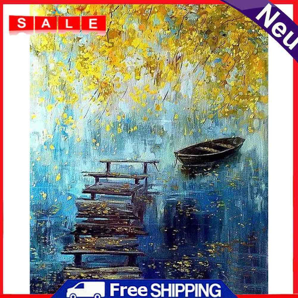 Oil Paint By Numbers Riverside Boat Frameless Picture Craft Kit for Living Room