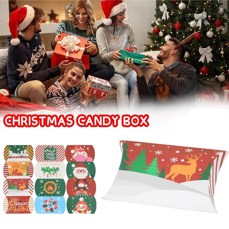 12pcs Christmas Pillow Shaped Paper Gift Boxes Santa Claus Deer Snowman Favour~
