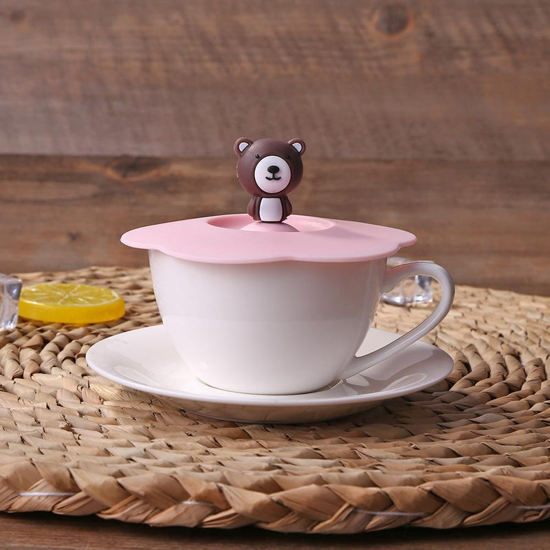 5pcs Silicone Cup Cover Heat-resistant Leak Proof Cartoon Lid (Pink Bear)