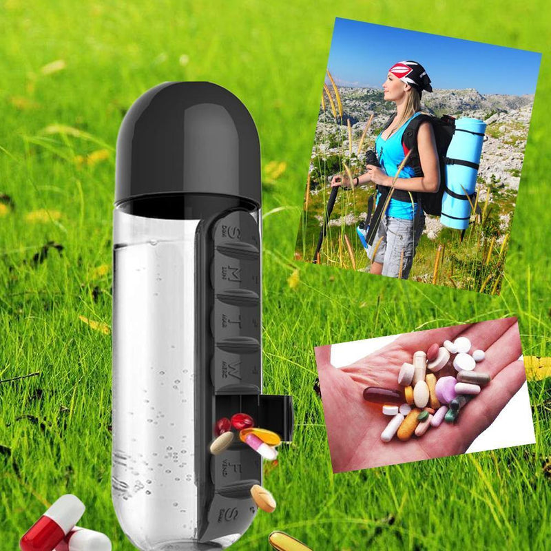 600ML Plastic 2 In 1 Combine Daily Pill Box Drinking Bottles Cups(Black)