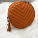 Women PU Leather Embroidery Thread with Tassel Zipper Shoulder Bag (Brown)
