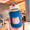 620ML Kids Water Sippy Cup with Silicone Bag Cartoon Feeding Bottle (Blue) Newly
