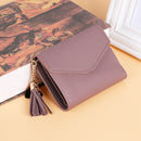 Women PU Leather Short Folding Wallet Tassel Card Coin Purse(Bean Red)